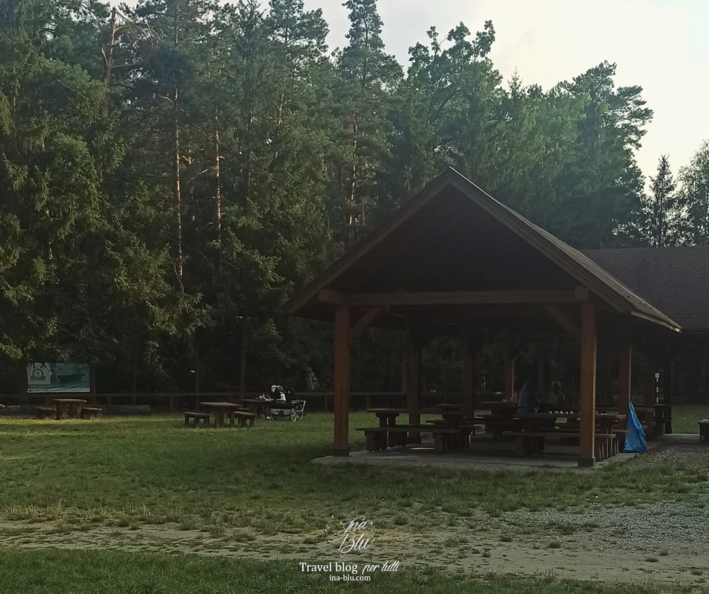 La fonte dell'amore, nella foto un'area picnic di legno immersa nel verde della foresta circostante